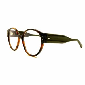 Notre modèle lunettes femme Aurillac avec sa monture aux formes rondes. Face : écaille Branche : kaki Solides, légères et confortables nos lunettes VDS sont uniques.
